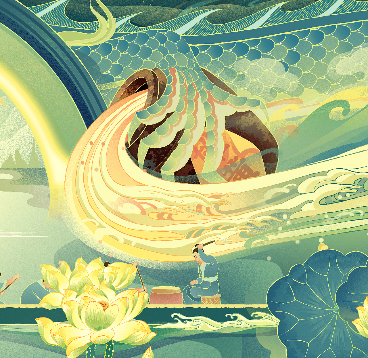 祥龙竞渡-端午节日插画长图