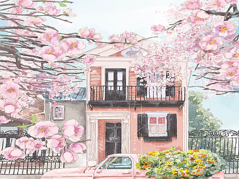 今天的拥有花车的街头一景