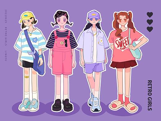 【人物插画】复古甜酷女孩系列贴纸插画