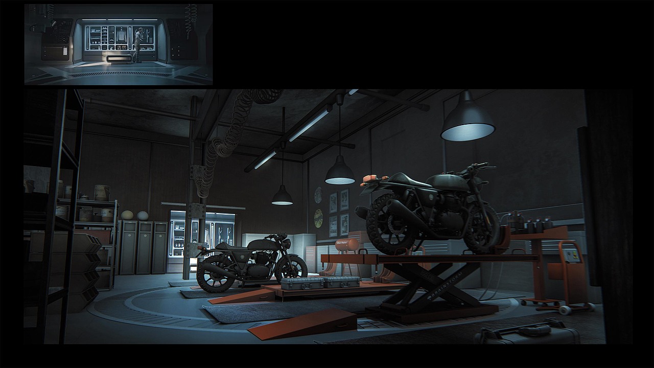 摩托车修理库概念场景-光影情绪探索