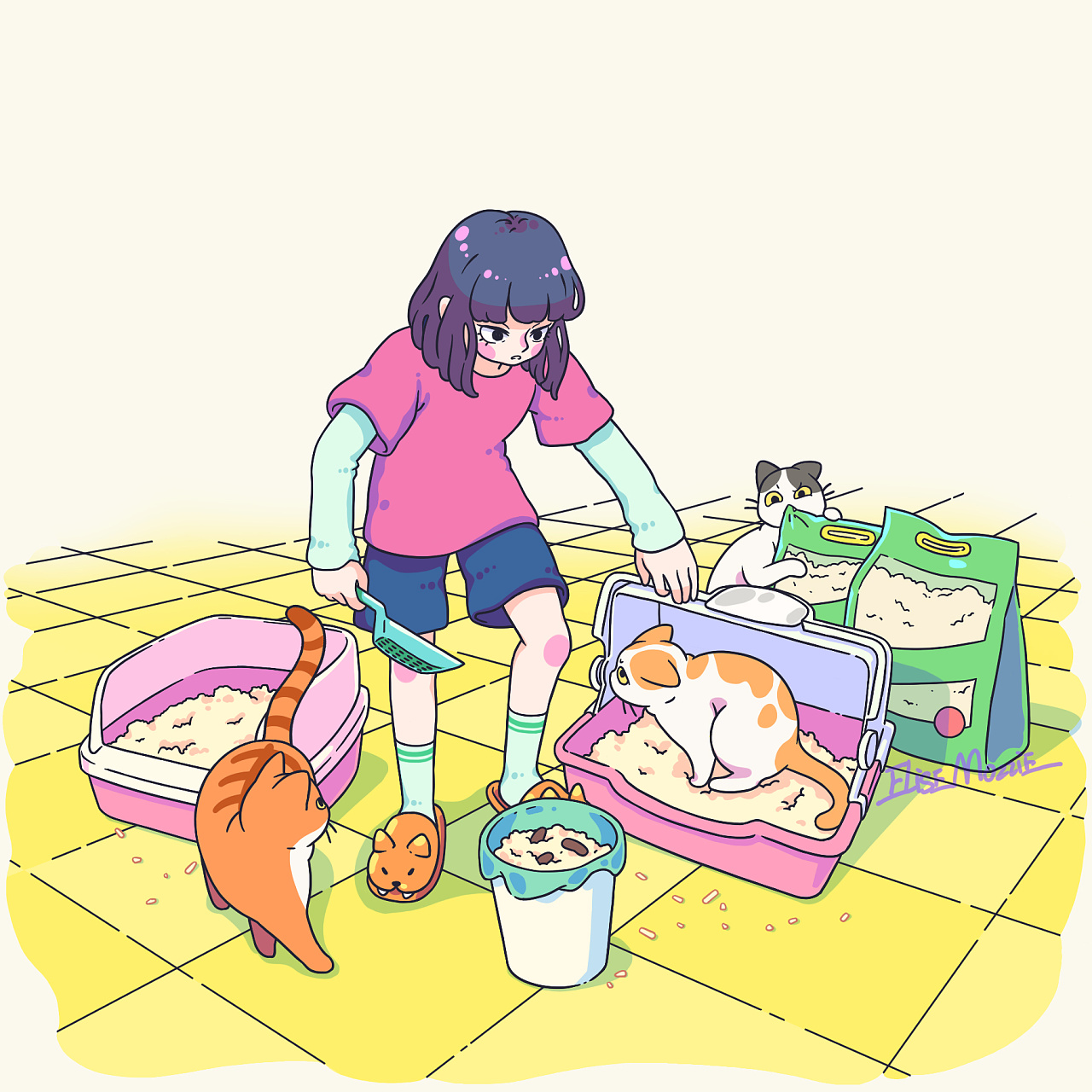 【猫奴馆】猫奴第一课——铲屎|插画|绘本|elise蚊mozzie - 原创作品