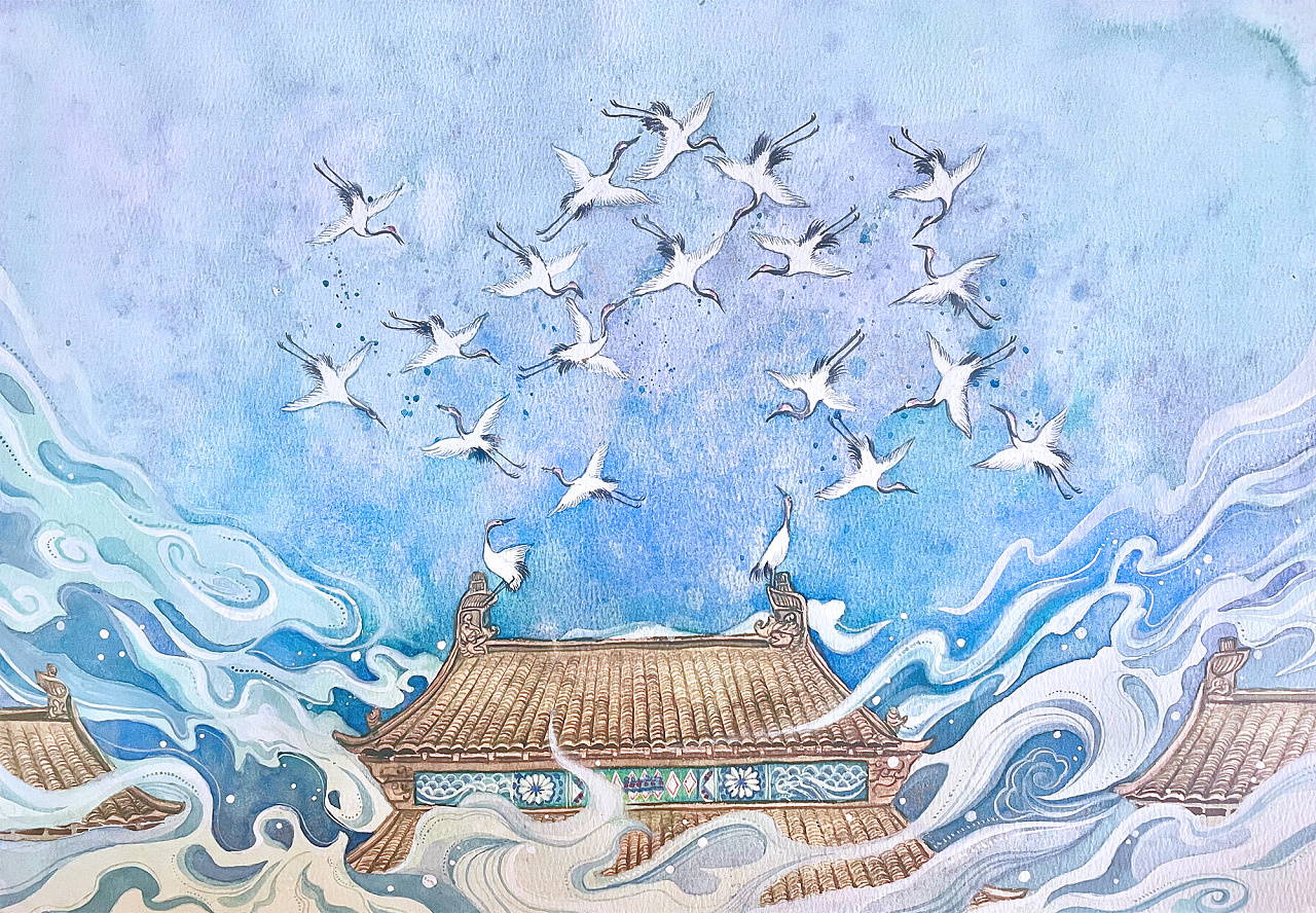 水彩瑞鹤图|纯艺术|绘画|薄荷绿丶 - 原创作品 - 站酷 (zcool)