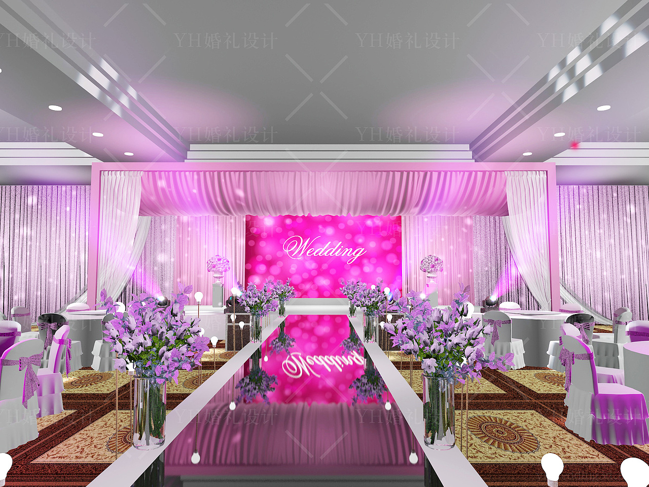 YHwedding婚礼设计:粉色婚礼设计3D效果图