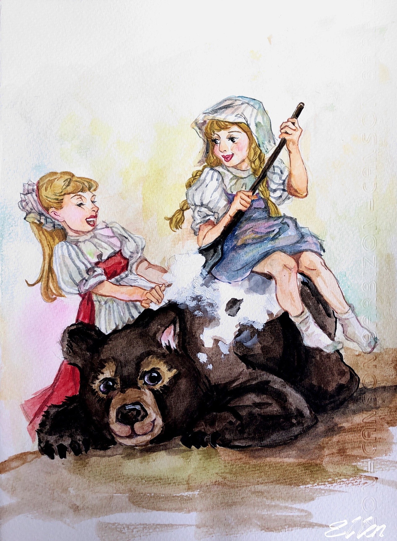 水彩插画-格林童话之白雪与红玫