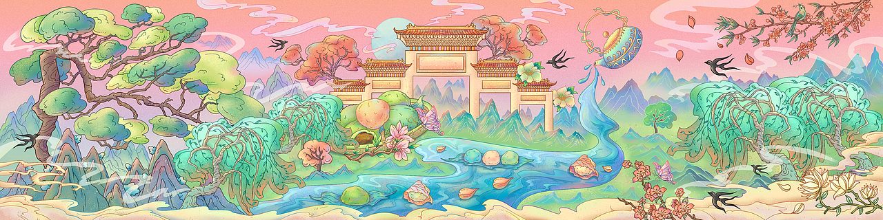 两幅春天国潮插画长卷合集_立春+踏春