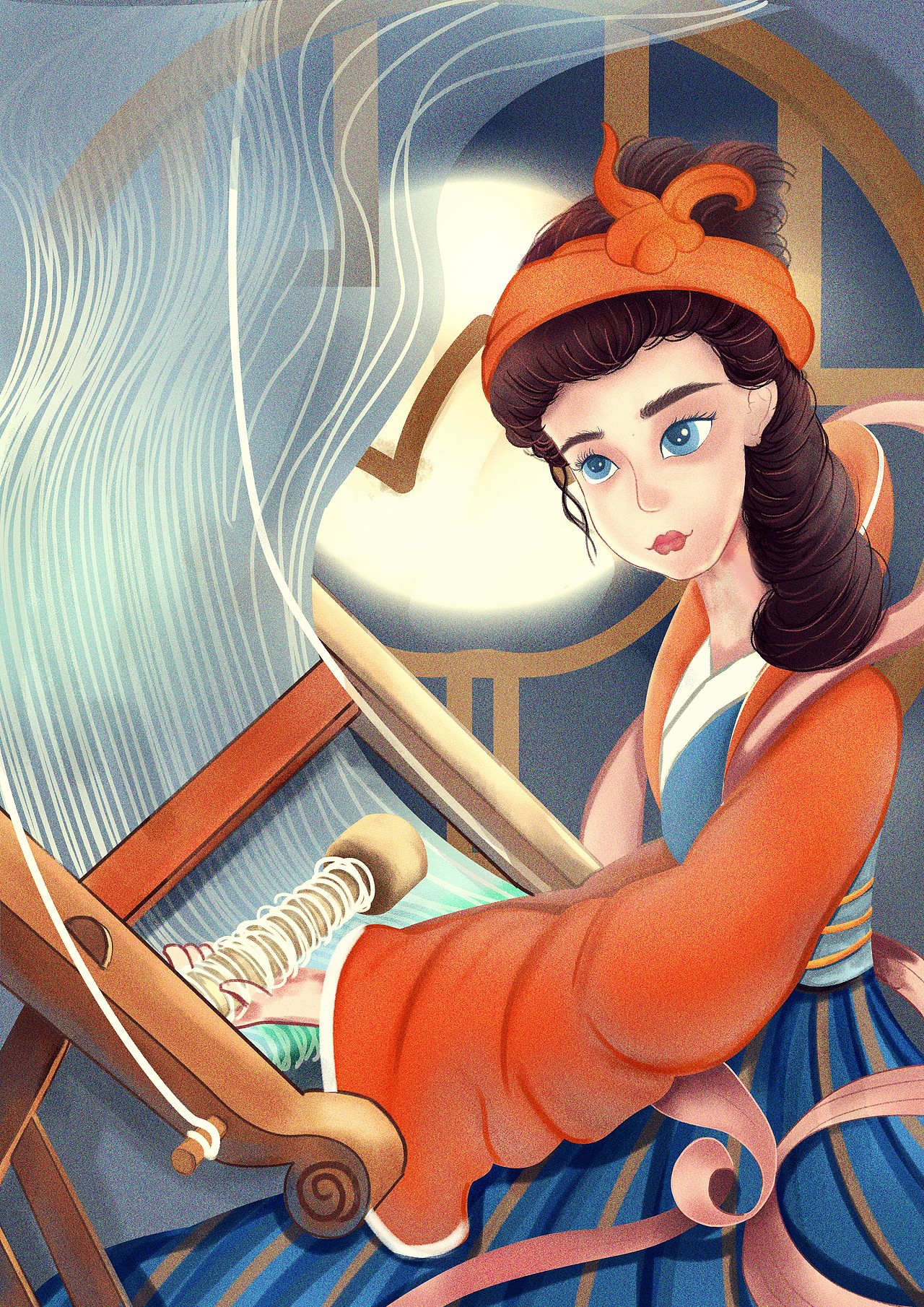 七夕节织女织布插画