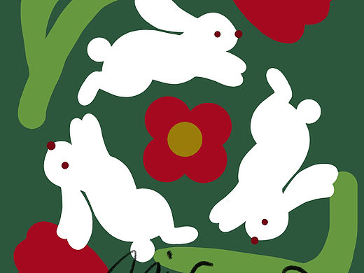 小白兔与花卉插画 兔年印花图案设计 兔子插图