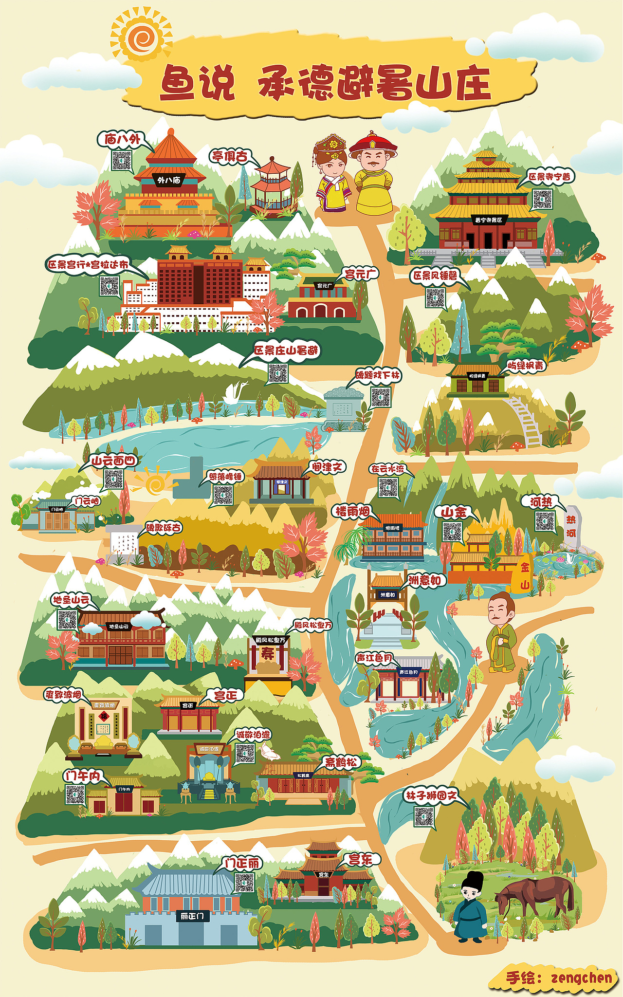 承德避暑山庄手绘插画海报