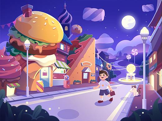 美食小镇场景插画