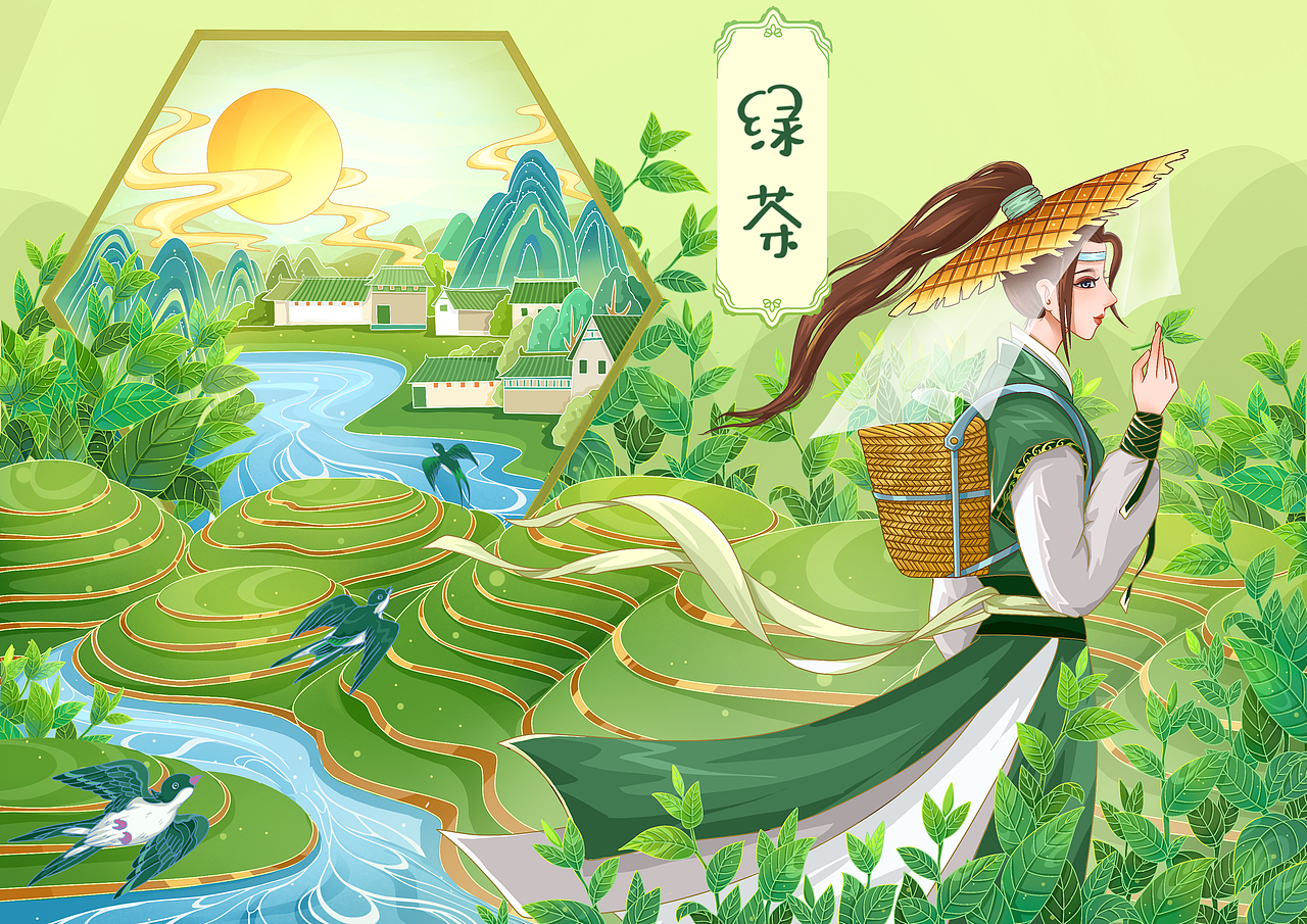 绿茶/玫瑰花茶/茉莉花茶/海报/包装插画（图ZMzI2MjUxMzA0） - 商业插画 - 站酷设计师青子墨染原创素材 - 站酷ZCOOL