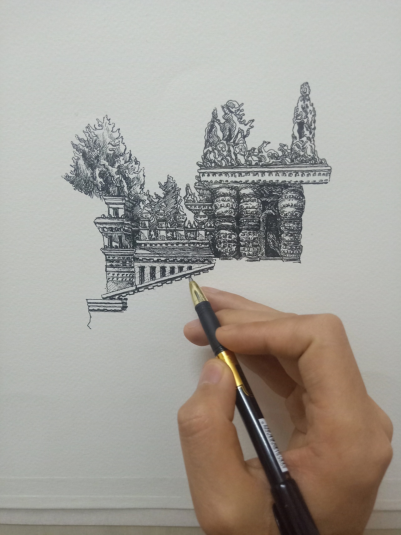 范炯钢笔画手绘建筑表现局部未完成