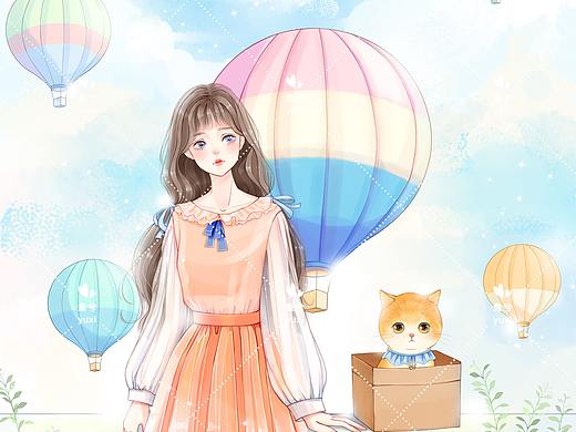 少女插画 猫与女孩