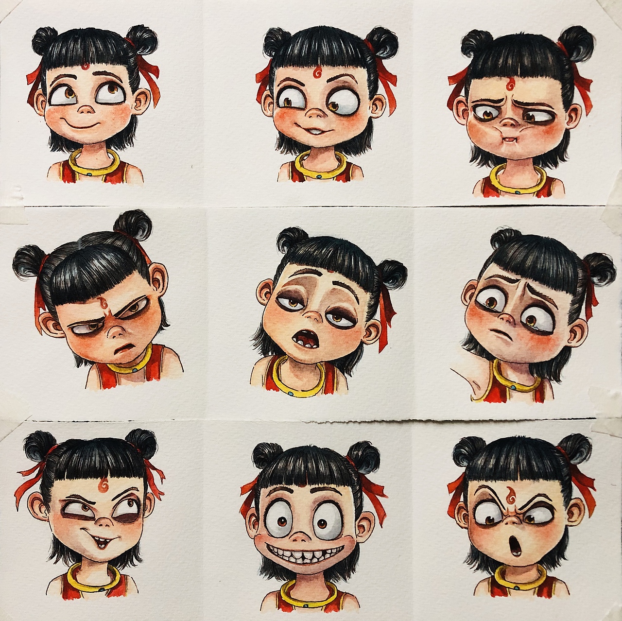 哪吒九宫格表情包/纸本水彩