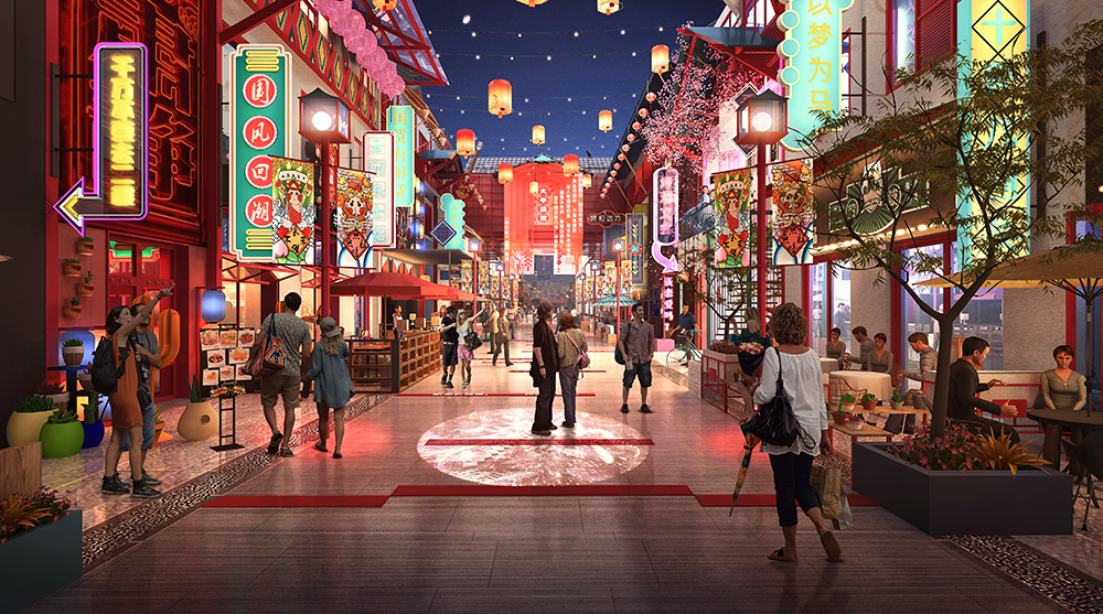 诗画广场提取画轴作为设计元素,以巨幅山水引人入胜,街区整体色彩提取