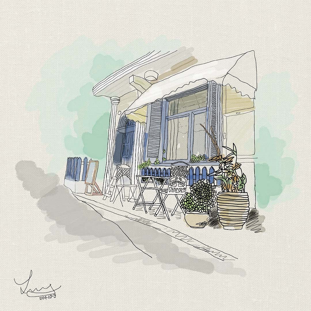 淡彩线描街角咖啡馆