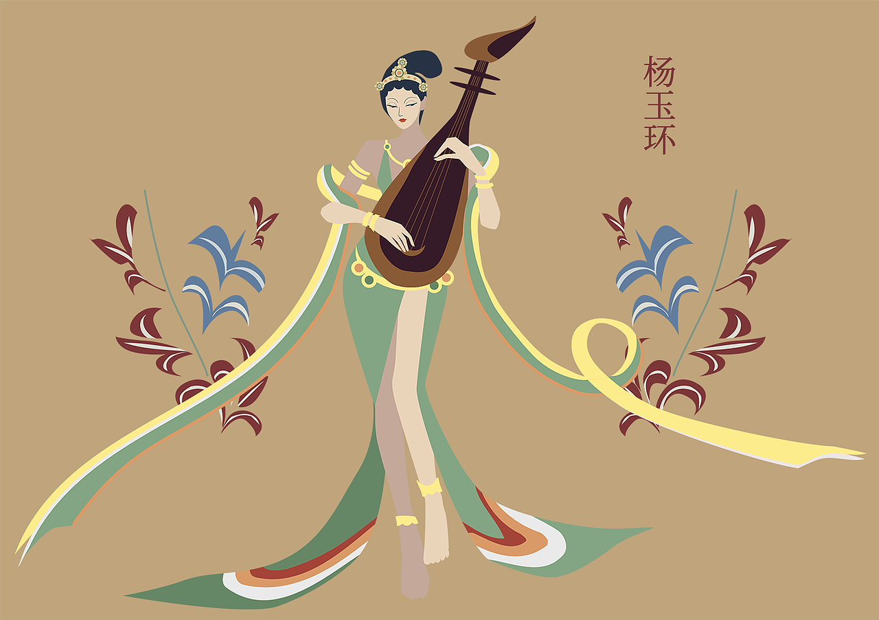 杨玉环,相貌服饰均参考了菩萨泥塑,头上左中右三个圆是敦煌标志性的头饰造型。