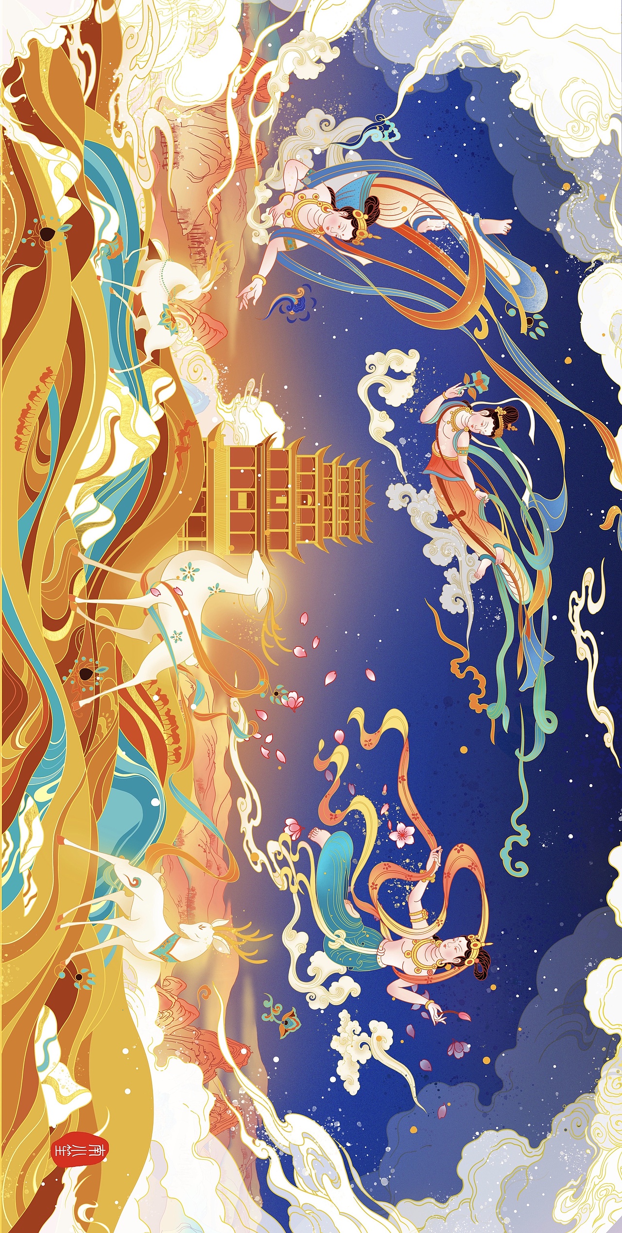 敦煌九色鹿飞天原创商业插画莫高窟