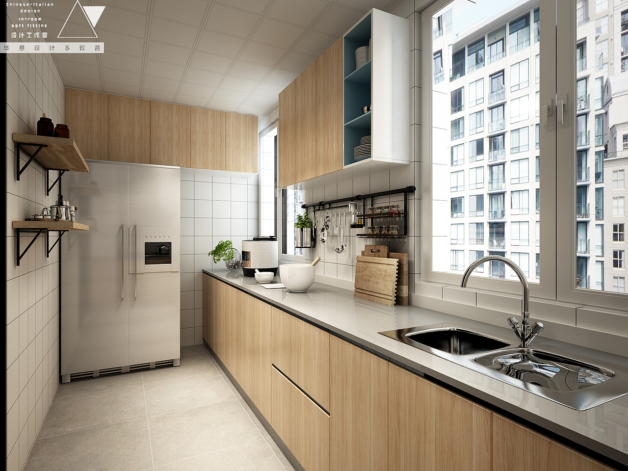 厨房透视 br>厨房满足基本功能外,将业主常用微波炉,电饭煲进行外露