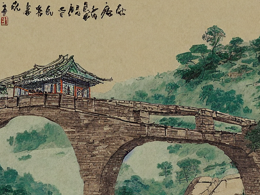 #AI创作实验室#拱桥，溪水，古宅，驴驮货物