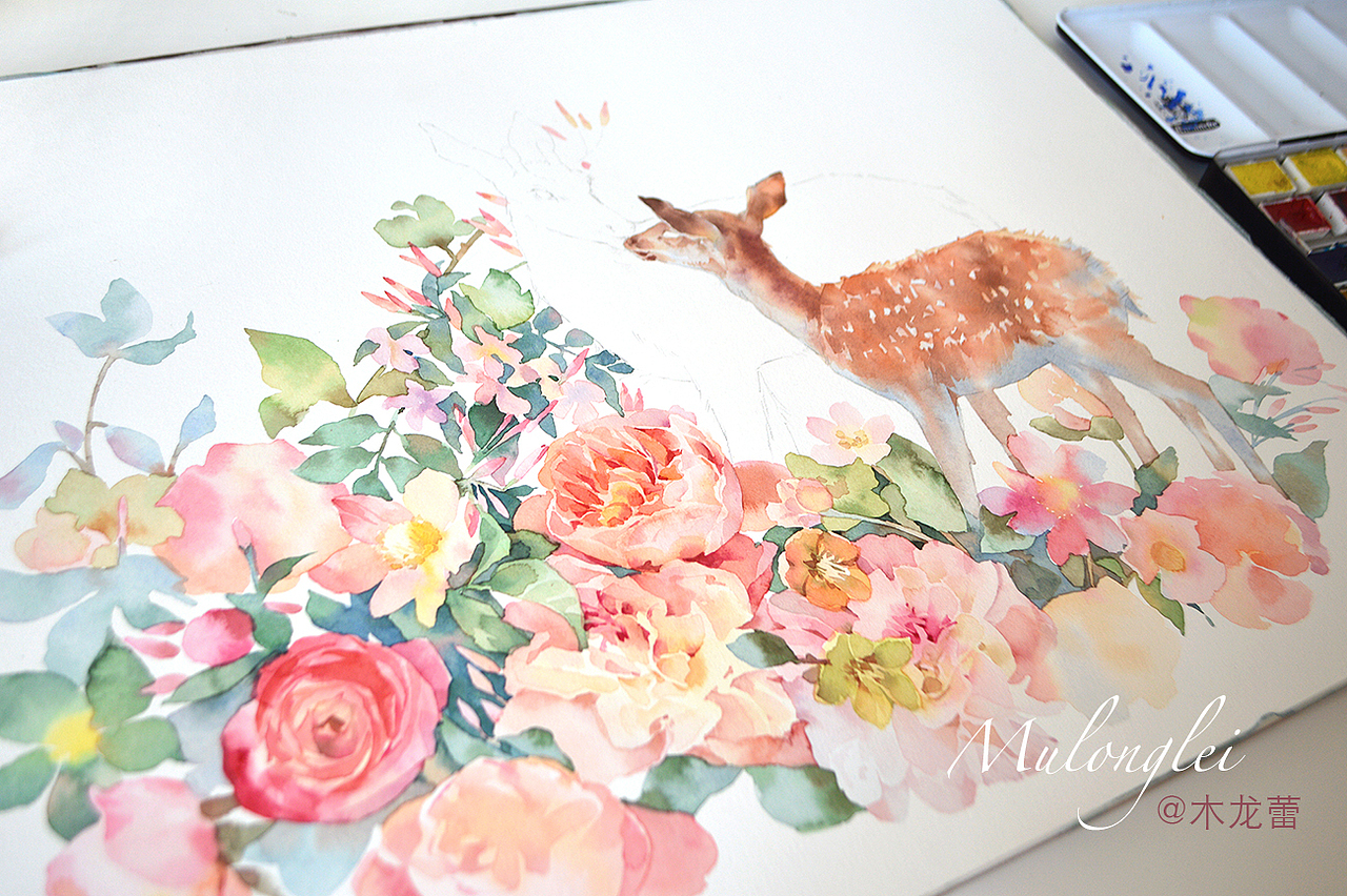 水彩。林深.见鹿