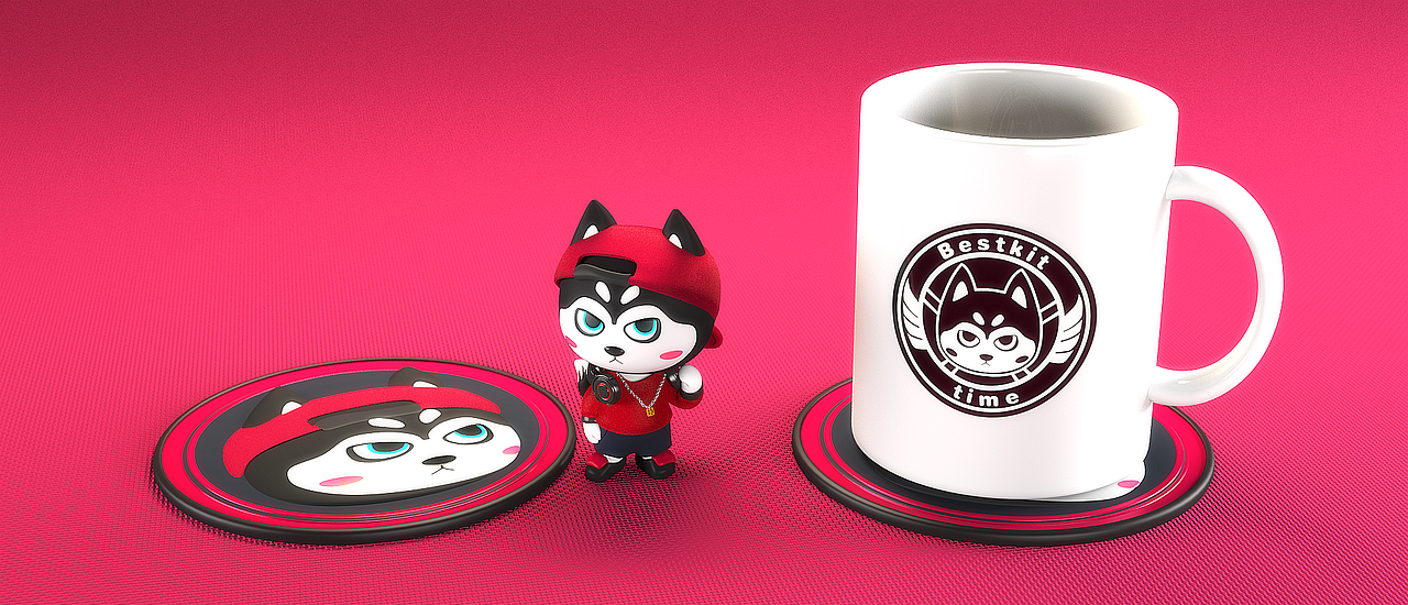 二哈的杯子,杯垫和小玩偶