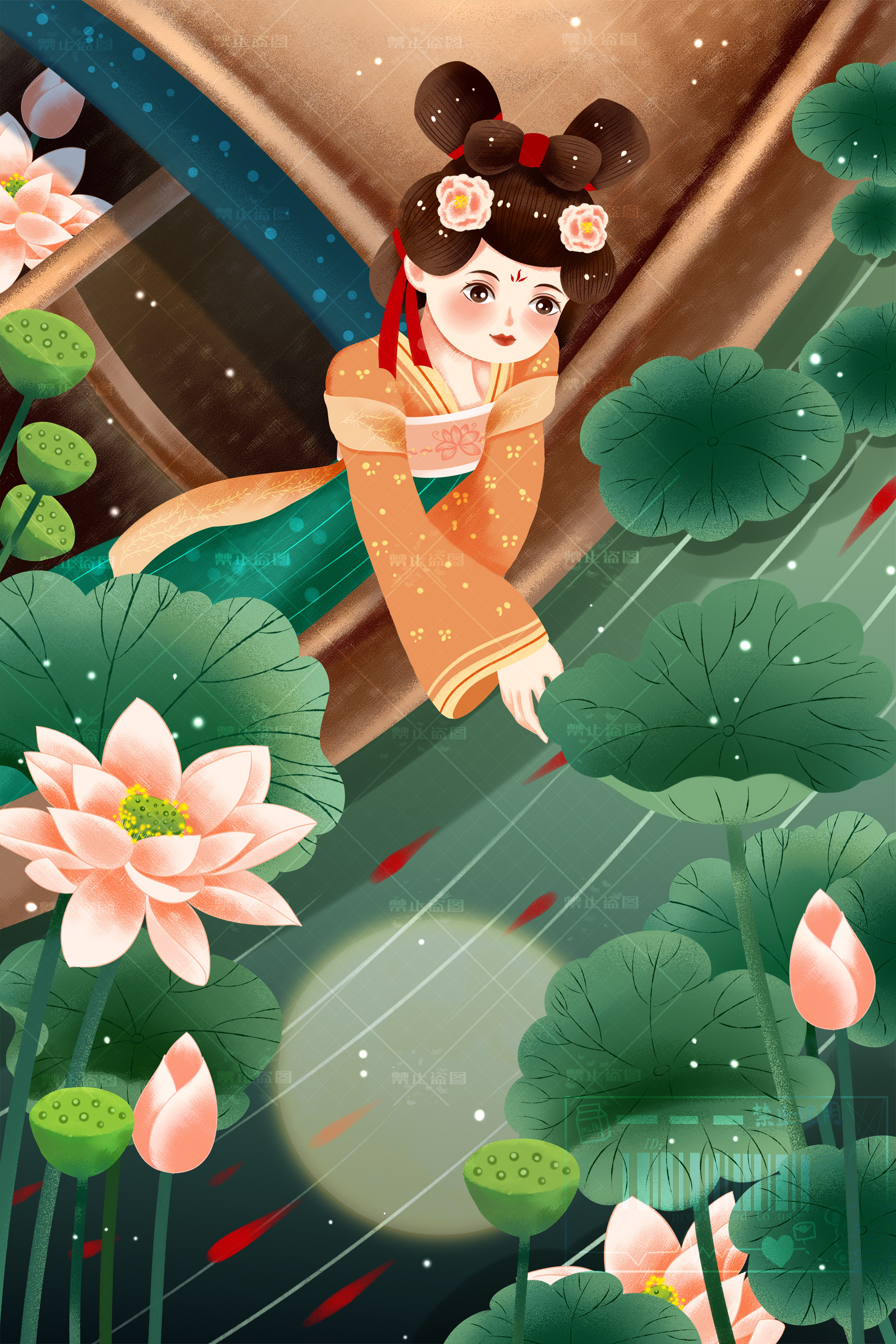 一组夏日荷塘插画 古风 现代 国潮 扁平 商稿