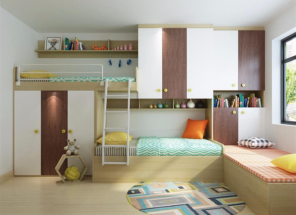 三胞胎儿童房上下床衣柜书柜榻榻米一体设计