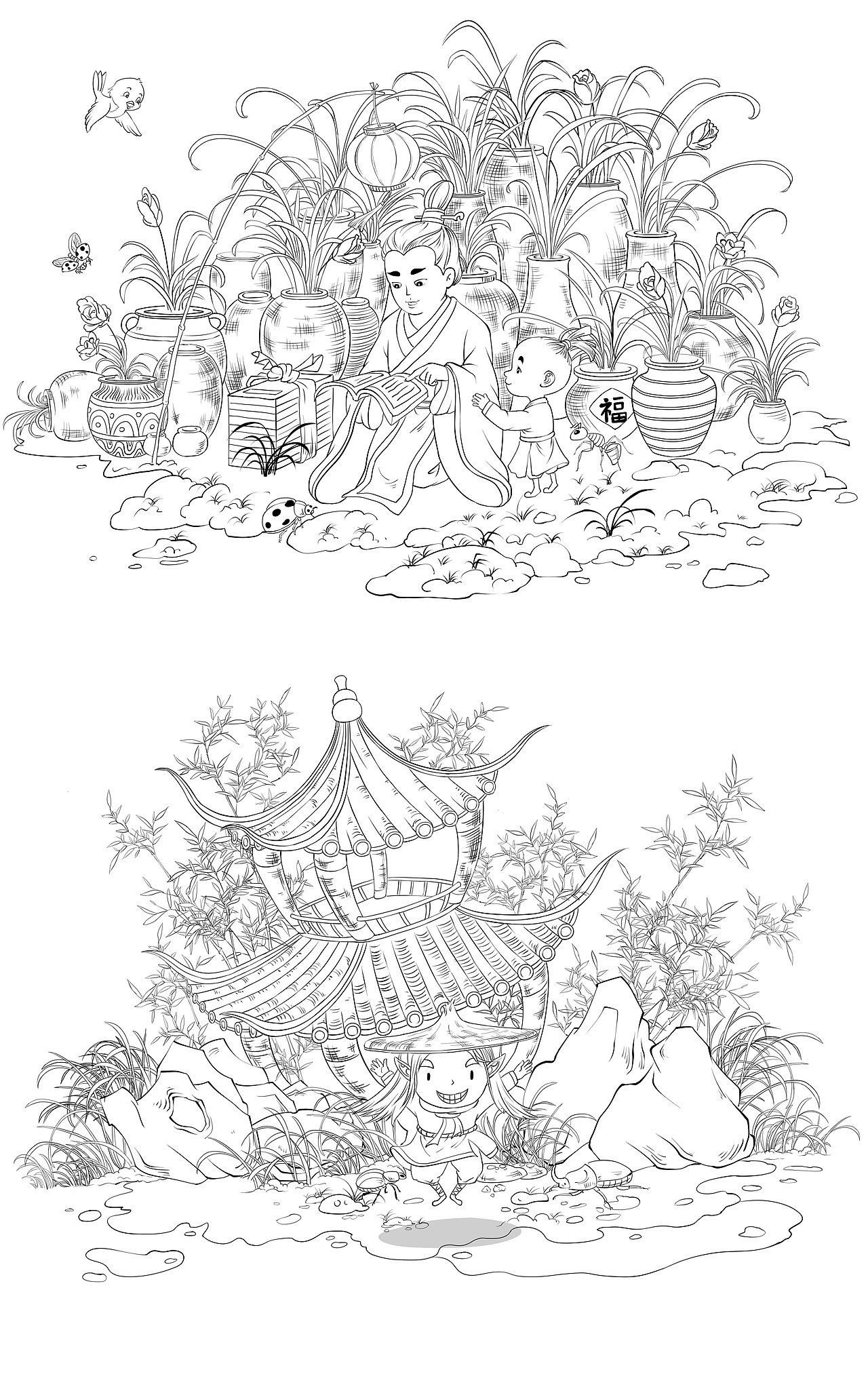 卡通古风书生儿童静物线稿（图ZMjExODg1NDcy） - 创作习作 - 站酷设计师雀角原创素材 - 站酷ZCOOL