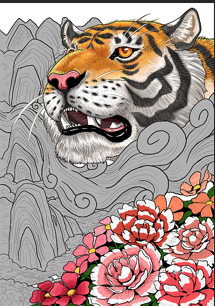 山水花丛中的猛虎，国潮插画（图ZMjg1NjQxOTY4） - 创作习作 - 站酷设计师啸啸XD原创素材 - 站酷ZCOOL