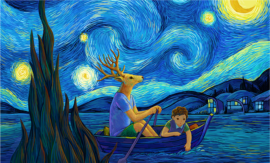 茂盛的植物,畅游湖心的父子,灿烂星空倒映出麓湖美好生活