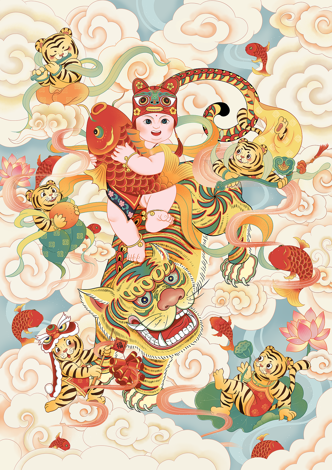 2022虎年贺岁插画 — 富(虎）贵有余（鱼）（图ZMjg0NzA3NzQ4） - 商业插画 - 站酷设计师小野仙踪原创素材 - 站酷ZCOOL