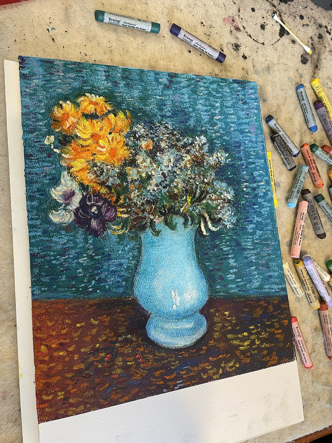 油畫棒臨摹梵高藍(lán)色花瓶里的花束（圖ZMjM5MjExOTY0） - 繪畫 - 站酷設(shè)計師慕漁藝術(shù)原創(chuàng)素材 - 站酷ZCOOL