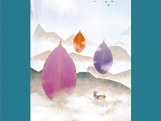 欧式复古山水发财树麋鹿装饰画