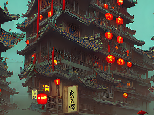 #AI创作实验室#中国风建筑 女人撑伞，夜晚，电影场景