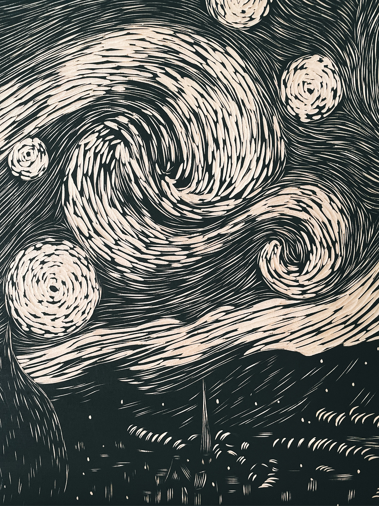 手工雕刻星空·木刻版画制作