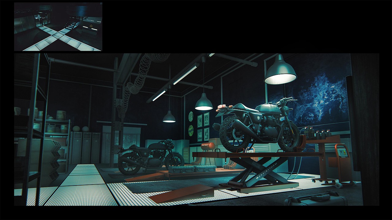 摩托车修理库概念场景-光影情绪探索