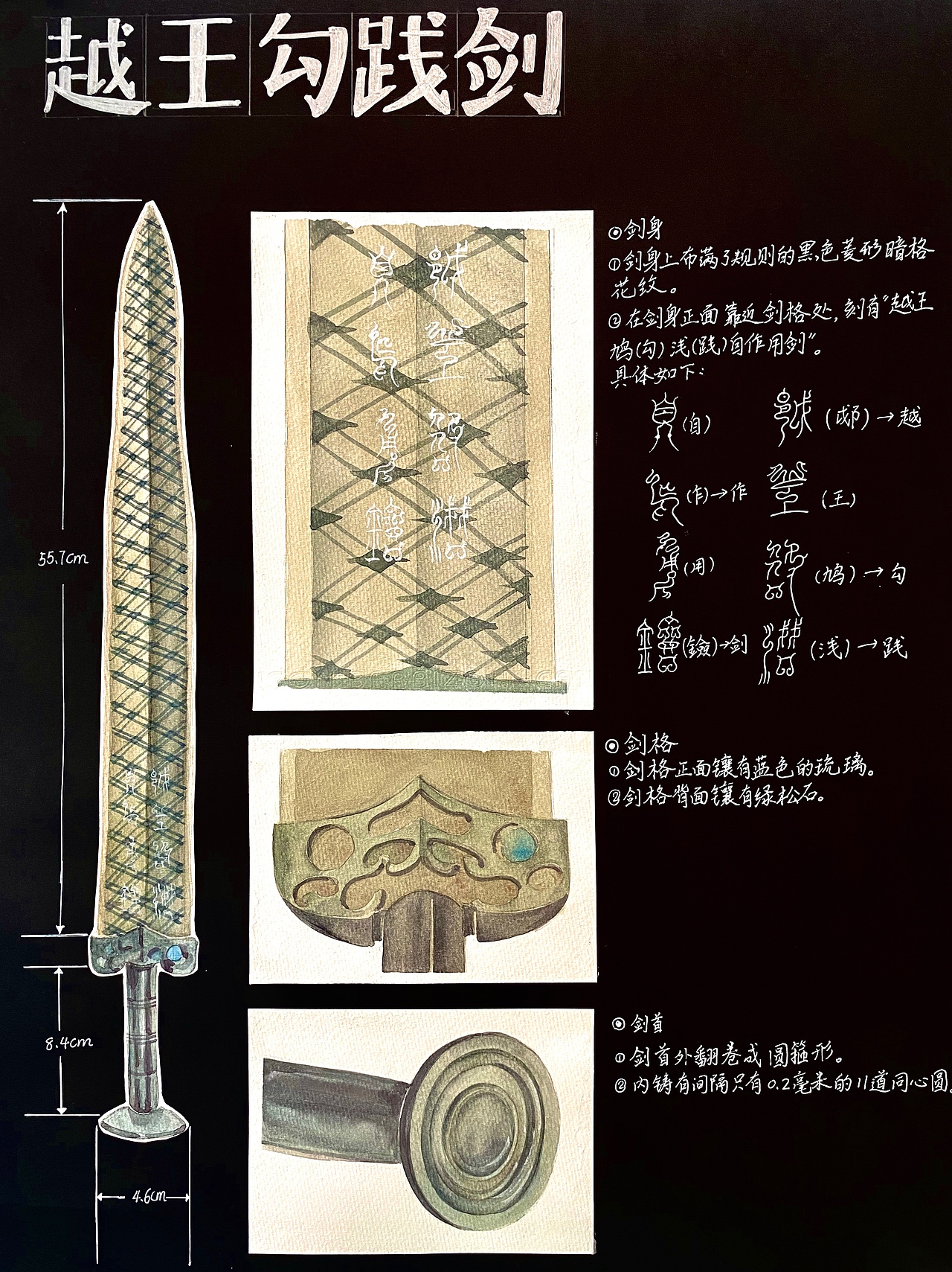 越王勾践剑的一个探究性的绘画.用的是水彩.为自己视频号准备的内容.