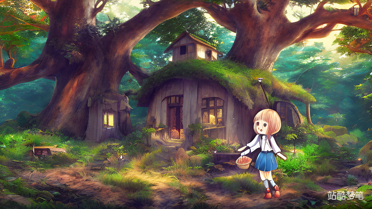 #站酷梦笔#采蘑菇的女孩,蘑菇屋,树林,兔子,动漫风