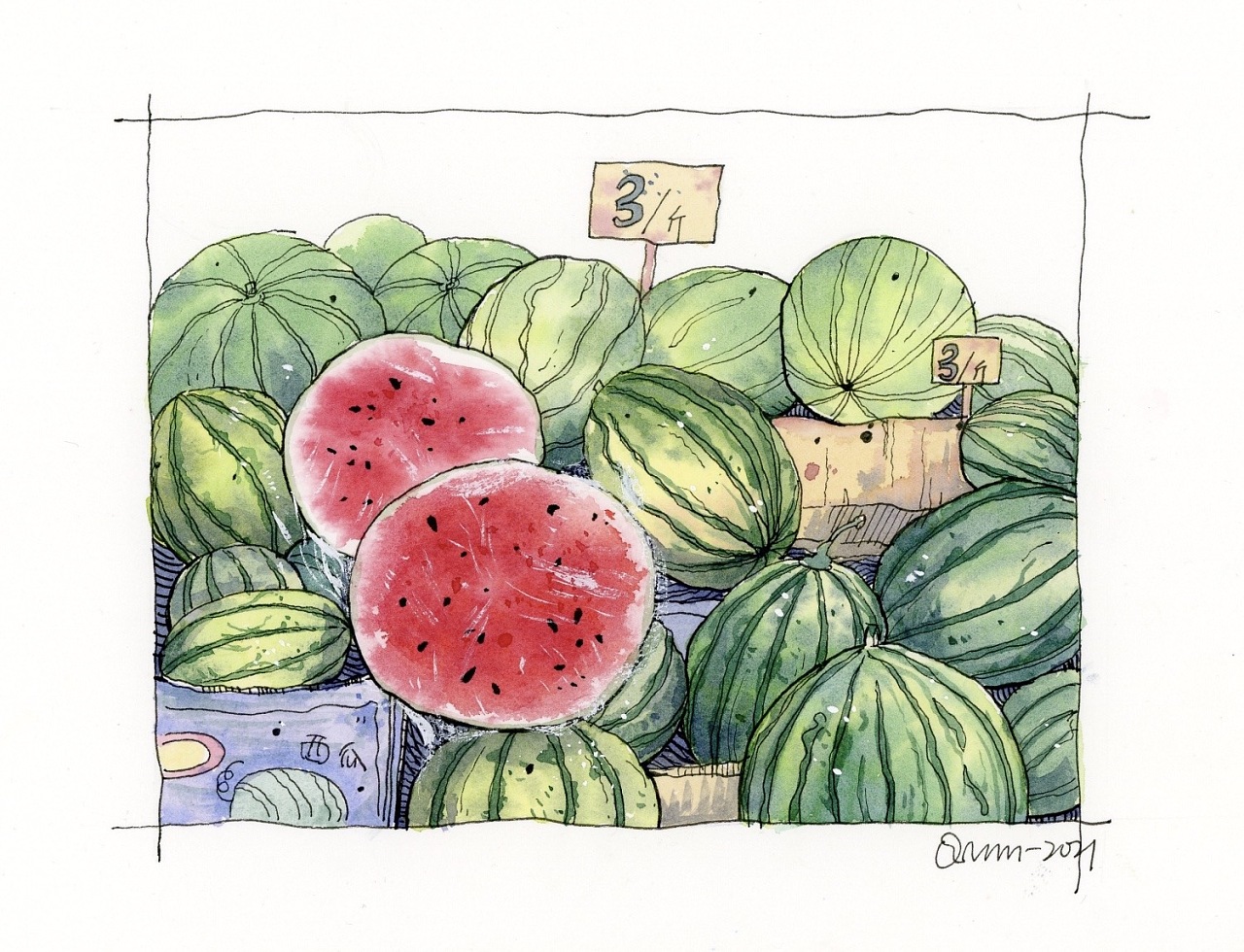 钢笔淡彩|水彩(西瓜)附线稿|纯艺术|绘画|知秋绘 - 原创作品 - 站酷