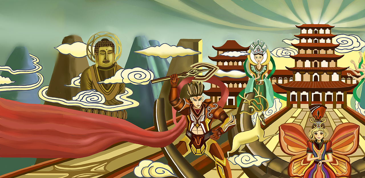 原创插画习作天庭飞升