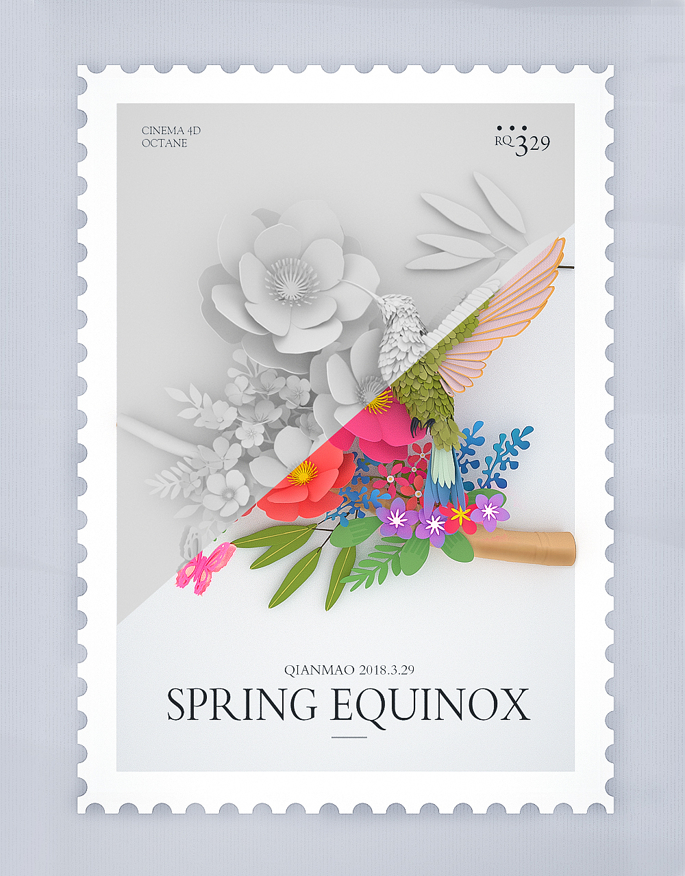 c4d春分剪紙郵票海報(bào)（圖ZMTA5OTY3MjA4） - 海報(bào) - 站酷設(shè)計(jì)師仟毛原創(chuàng)素材 - 站酷ZCOOL