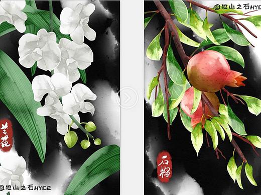 水彩古风植物，中草药，果实，水果，花卉