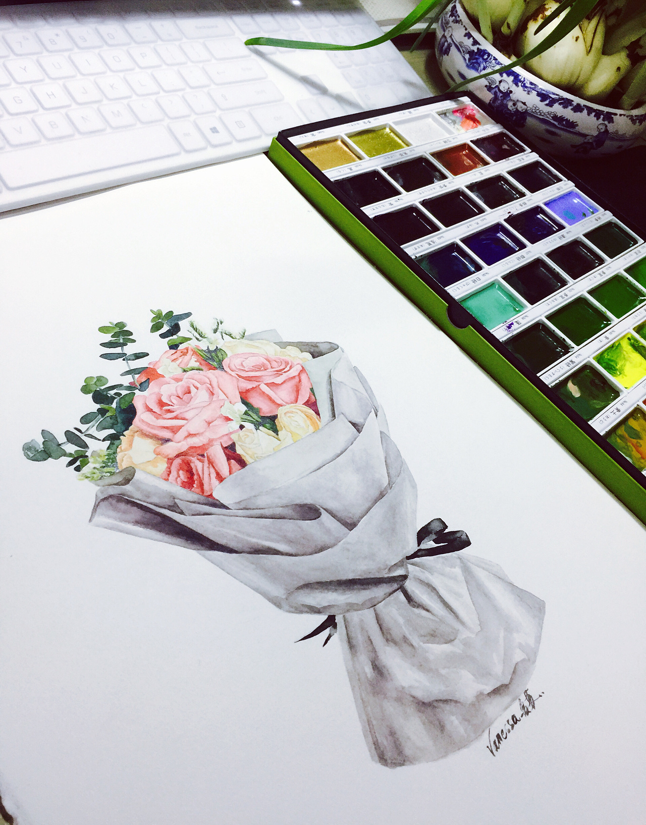 水彩《手捧花束》-带步骤|纯艺术|绘画|vanessa复苏 - 原创作品