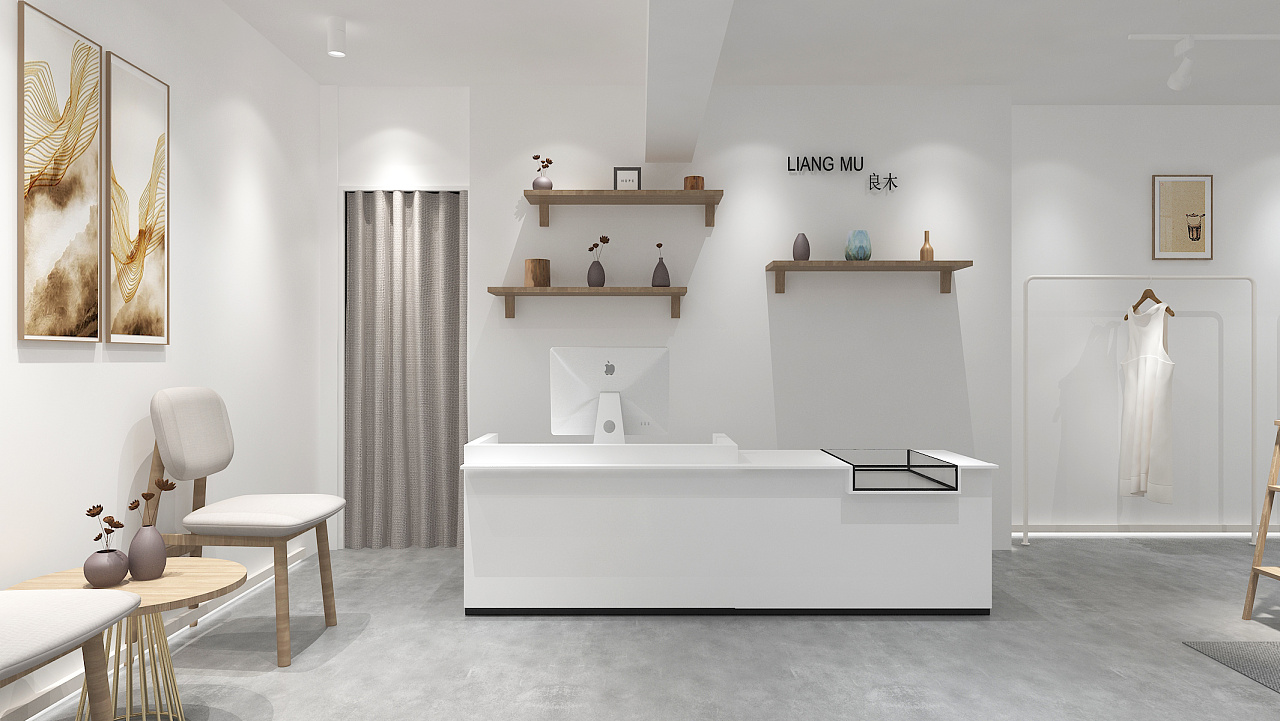 形象墙采用铁皮字logo和浅色木纹层板方式处理,搭配上艺术装饰,更富