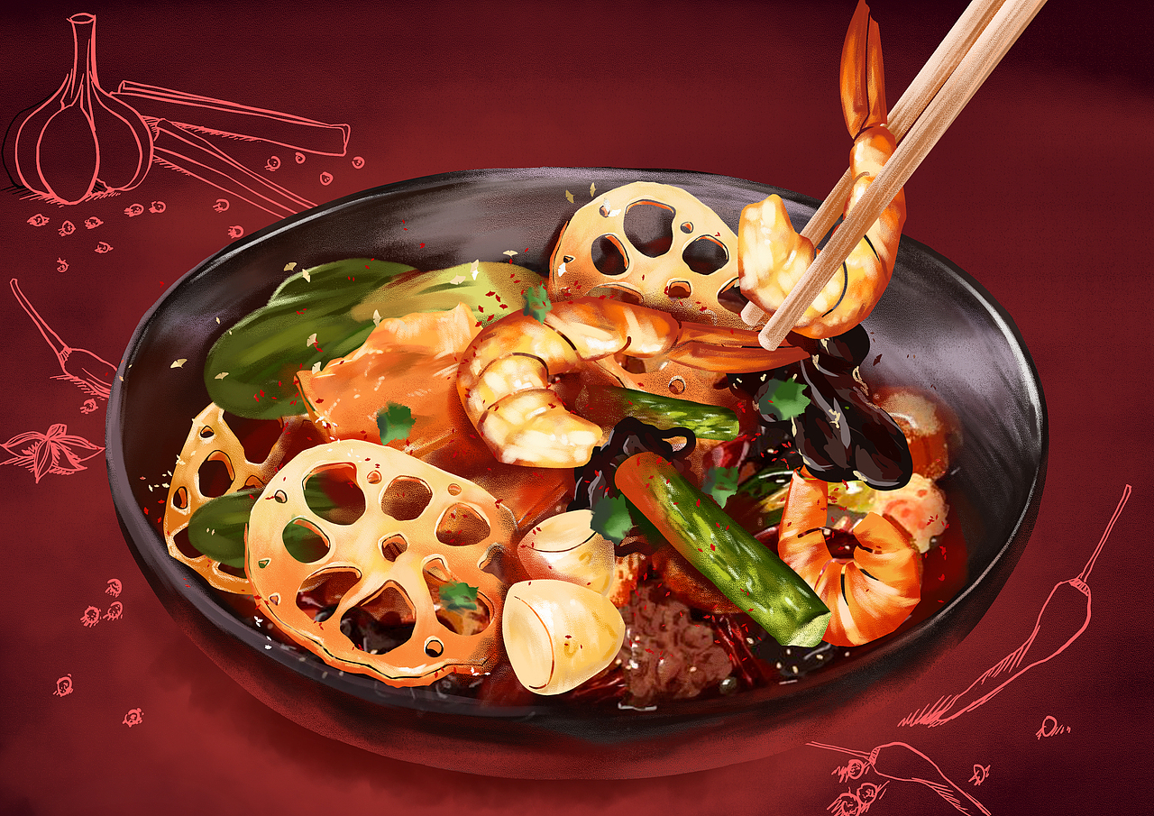 手绘食物餐饮插画麻辣香锅（图ZMjI4ODQwMzg0） - 商业插画 - 站酷设计师筱妮儿原创素材 - 站酷ZCOOL