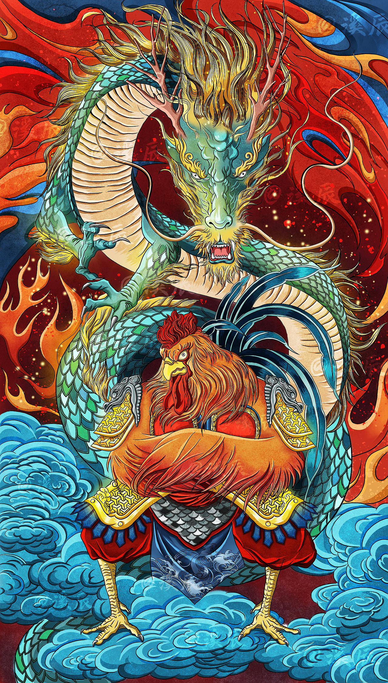 飞龙在天,雄鸡起舞|插画|商业插画|溪辰文化创意_原创作品-站酷zcool
