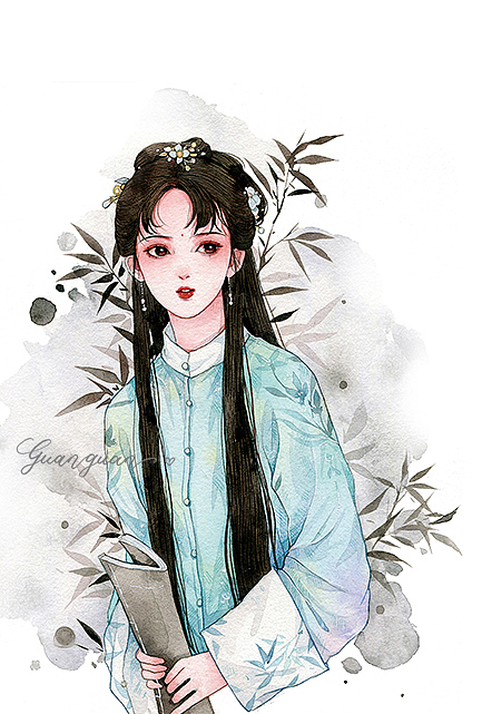水彩古风手绘少女插画
