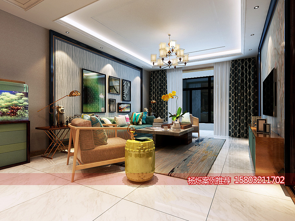 沙发背景于电视墙纹样及材质相呼应,写意十足的挂画,彰显主人的文化品位。