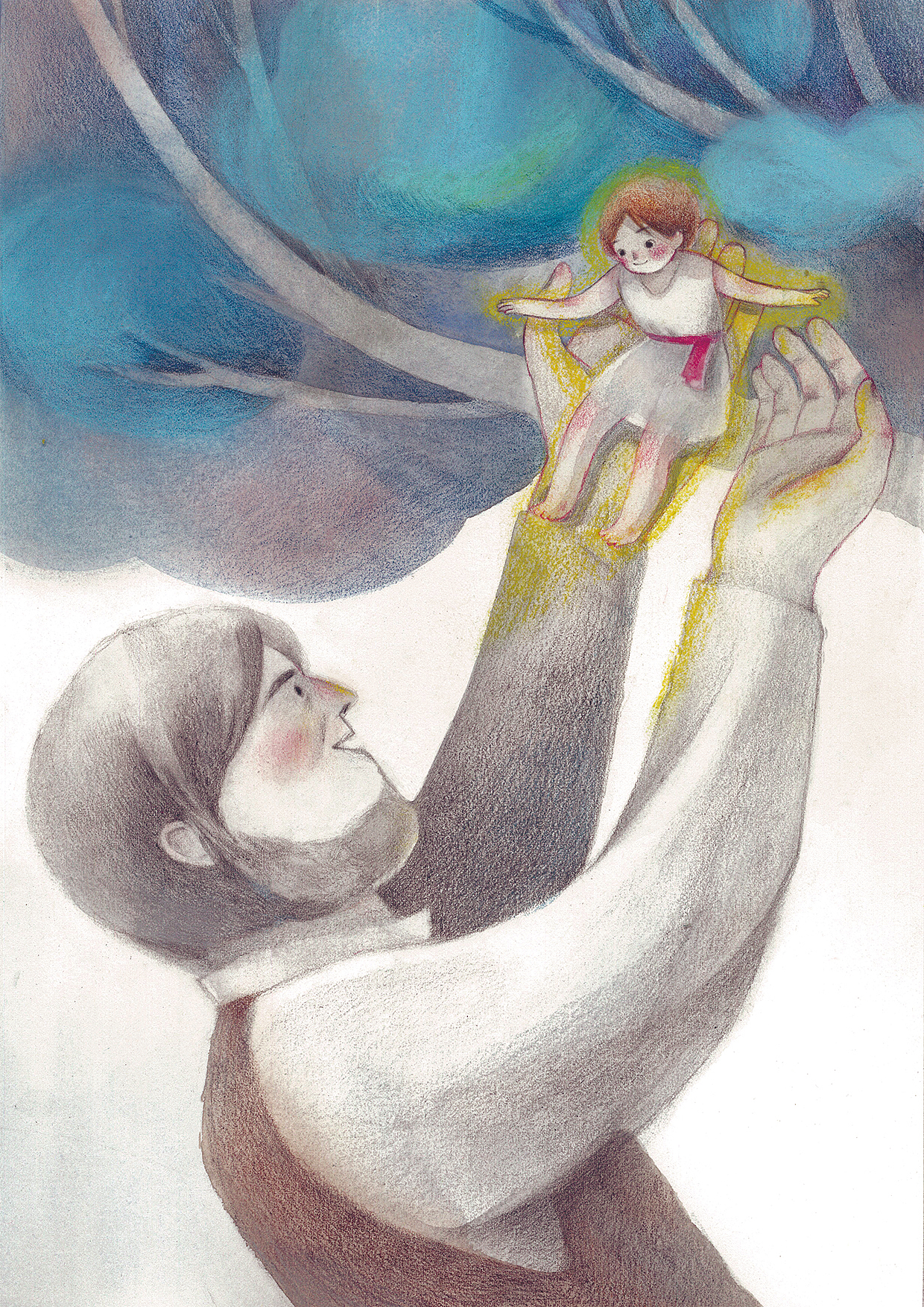 巨人把小男孩放到树上和其他孩子们一起玩耍