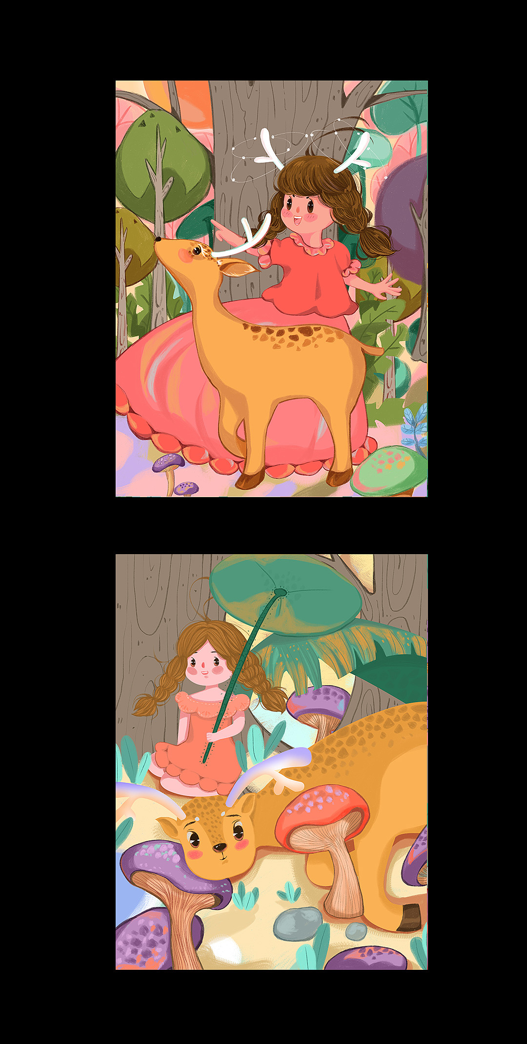 森林小鹿女孩卡通可爱插画